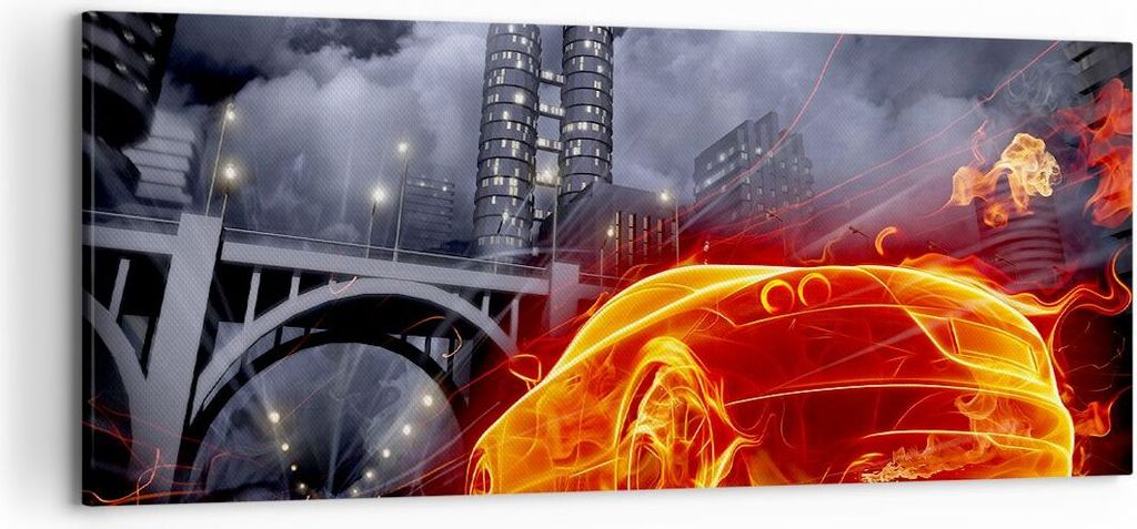 Bild auf Leinwand - Leinwandbild - Auto Flammen Räder - 120x50cm - Wand Bild - Wanddeko - Leinwanddruck - Bilder - Kunstdruck - Wanddekoration - L...