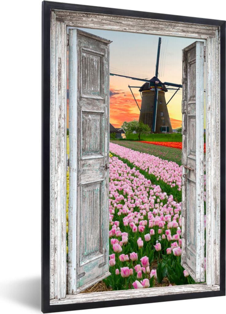MuchoWow Gerahmtes Poster Aussicht - Tulpen - Mühle - Abend 20x30 cm - Poster mit Schwarzem Bilderrahmen Wandposter Rahmen Foto Bilder - Drucken...