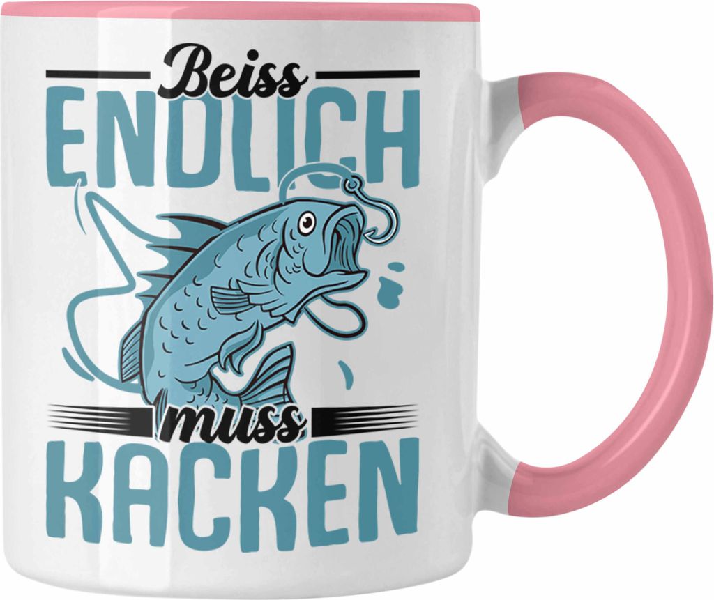 Trendation - Angler Fischer Tasse Geschenk Raubfische Hobbyangler Hecht Forelle Barsch Angeln Kaffeetasse Zubehör Beiss Endlich Muss Kaken (Rosa)