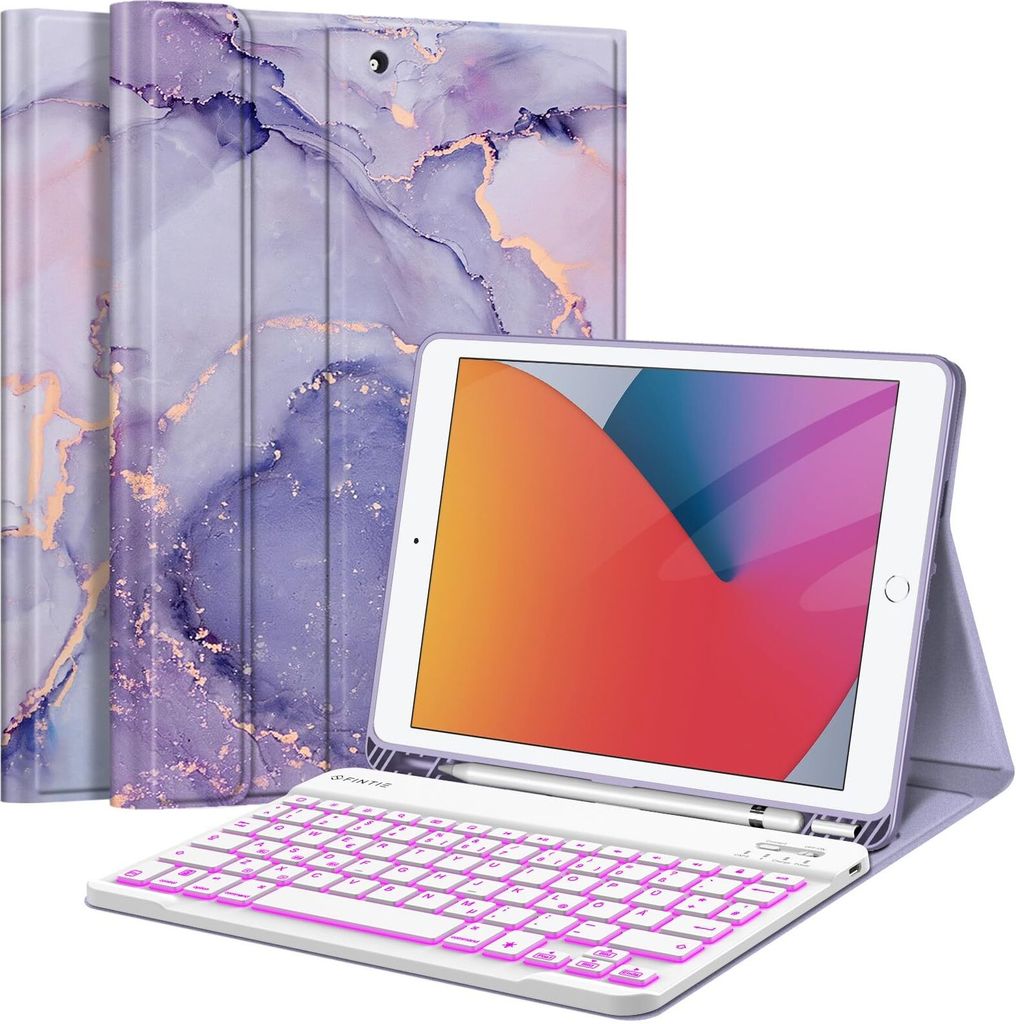 Fintie Tastatur Hülle für iPad 9 8 7 Generation (2021/2020/2019) 10.2 Zoll, 7-farbig beleuchtete abnehmbare Tastatur mit Schutzhülle, QWERTZ Lay...