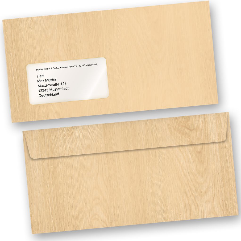 Briefumschläge MADEIRA Holz-Optik Braun (500 Stück m.F.) DIN lang MIT Fenster Haftklebend Holzmaserung Holzmuster