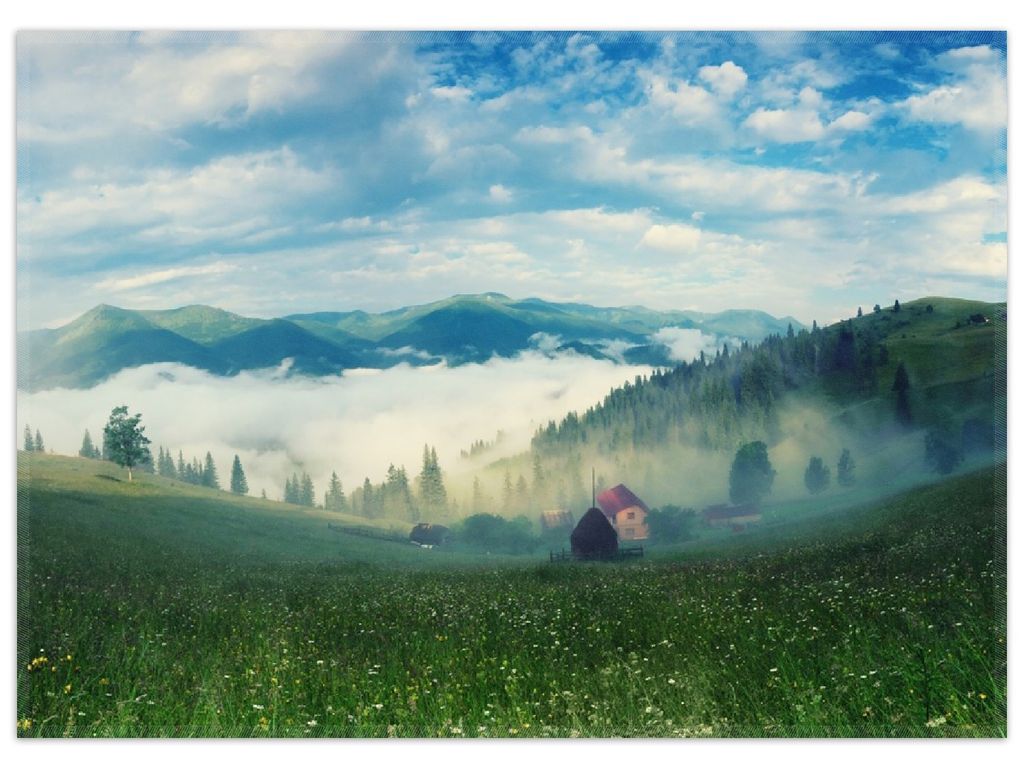 Wallario Premium Teppich, Größe 50 x 70 cm, Morgennebel zwischen Berghängen