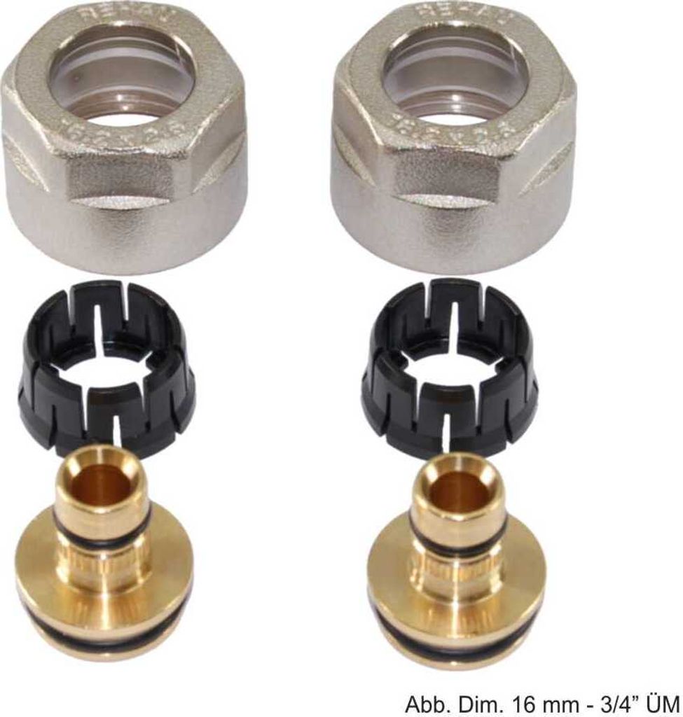 Two sets of plumbing fittings, each consisting of a nut, a plastic compression ring, and a brass fitting with a hose barb.