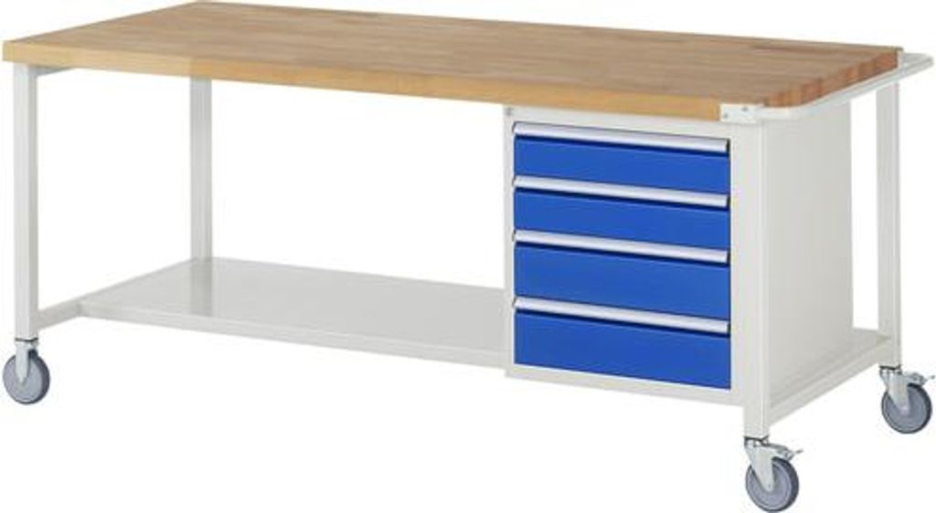 Mobile Werkbank mit Ablageboden - 4 Schubladen - Vollauszug - 120:2 / 150:2 - 880 x 2.000 x 900 mm (HxBxT) - Traglast 450 kg - Buche