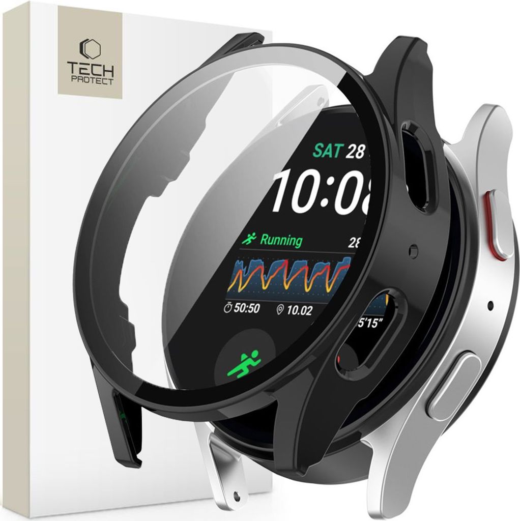 A smartwatch with a protective case and screen protector, shown with its packaging in the background.