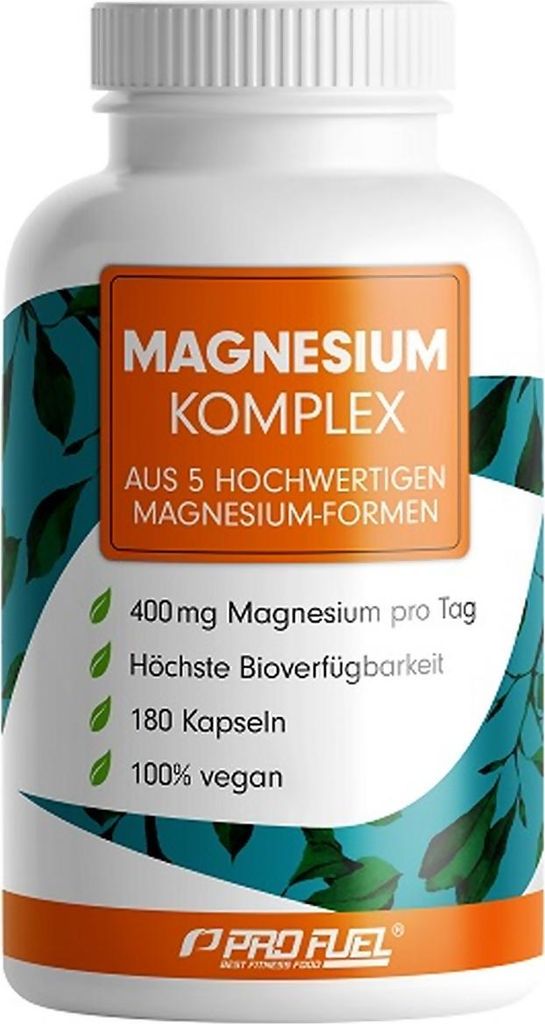 A white bottle of ProFuel Magnesium Complex supplements with green leaves and orange accents on the label.