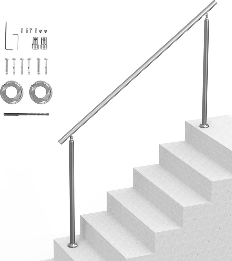 A stainless steel handrail set is shown assembled and installed on a set of stairs, with various mounting hardware laid out to the left.