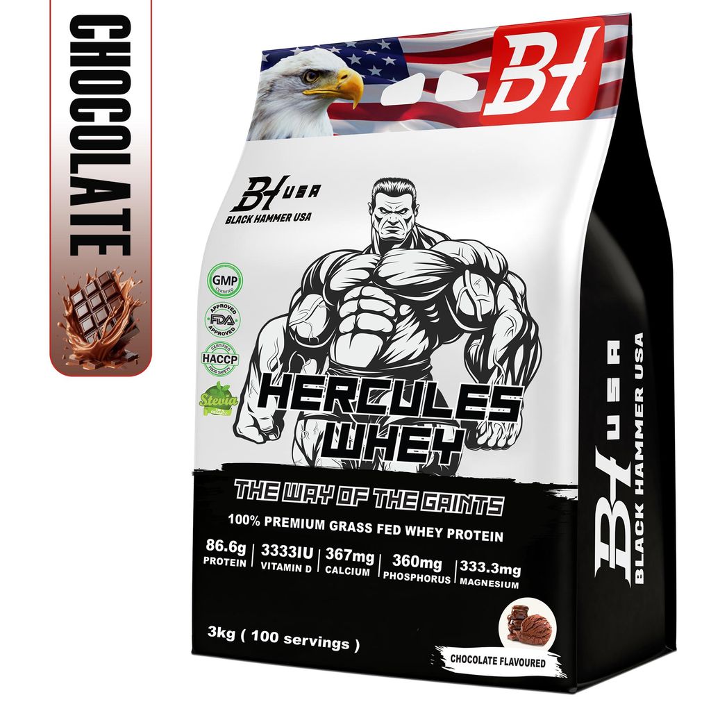 Hercules Whey Protein 3000 g | Schokolade | 86,6 g Protein, Vitamin D & Magnesium | Muskelaufbau, Fitness & Recovery Eiweißpulver- Black Hammer USA