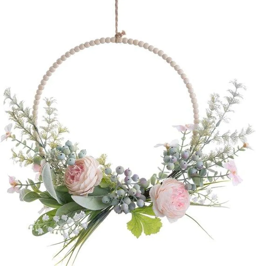 Couronne de porte printemps pivoines vertes et bois naturel de 45cm