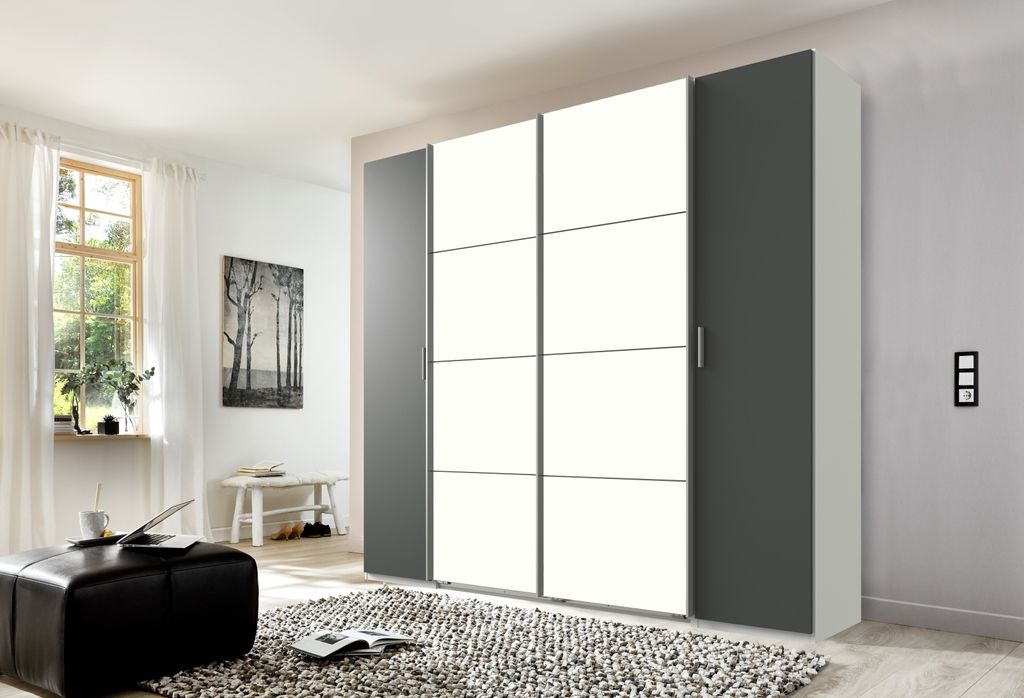 Dreh-/Schwebetürenschrank "Lotto" in WEISS + GRAPHIT mit 4 Türen und 10 Einlegeböden. Abmessungen (BxH) 227x210 cm