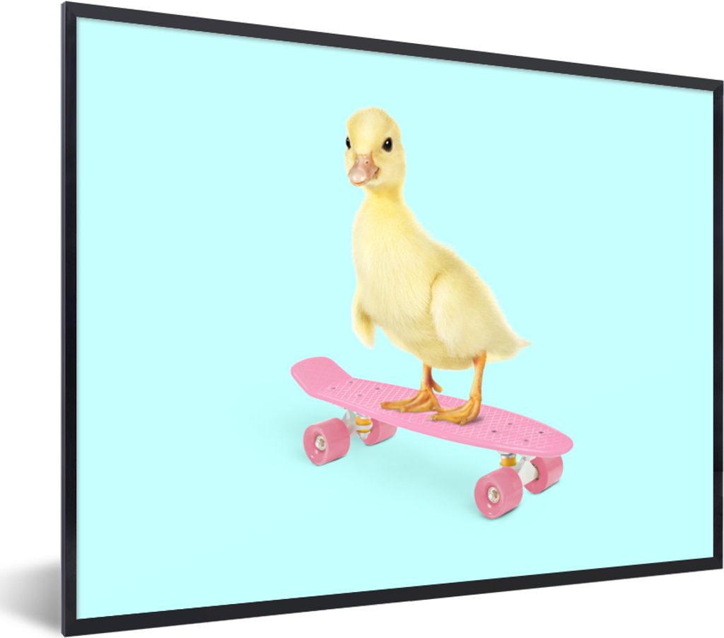 MuchoWow Gerahmtes Poster Ente - Küken - Skateboard - Blau - Rosa 40x30 cm - Poster mit Schwarzem Bilderrahmen Wandposter Rahmen Foto Bilder - K...