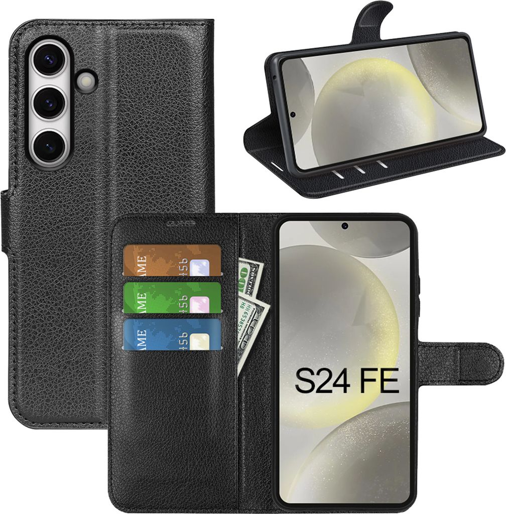 Hülle für Samsung Galaxy S24 FE – Klapphülle aus Kunstleder mit Kartenfächern & Standfunktion Schwarz