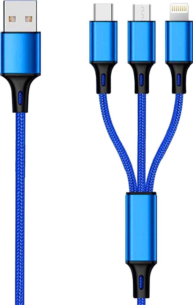2GO 3in1 USB Ladekabel Micro-USB,Apple,TypeC Nylon 1,5m blau