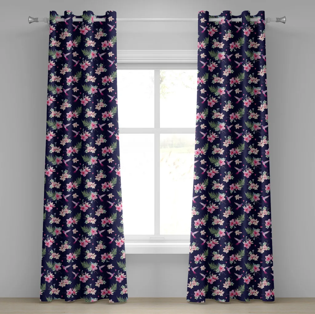 Rideau à œillets ABAKUHAUS 280x245cm, Motif Fleurs Tropicales et Colibris