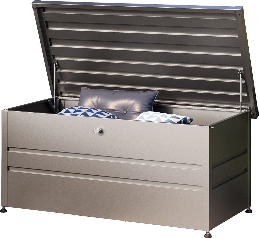 An outdoor storage box with its lid open, showing cushions inside.