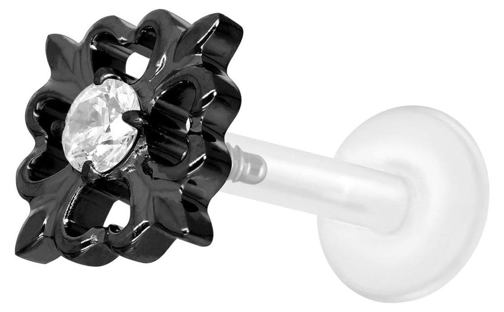 Ohrpiercing, Nasenpiercing PTFE Labret mit Innengewinde + Titan-Aufsatz KLEEBLATT Schwarz Stablänge: 10mm | Stabstärke: 1,2mm