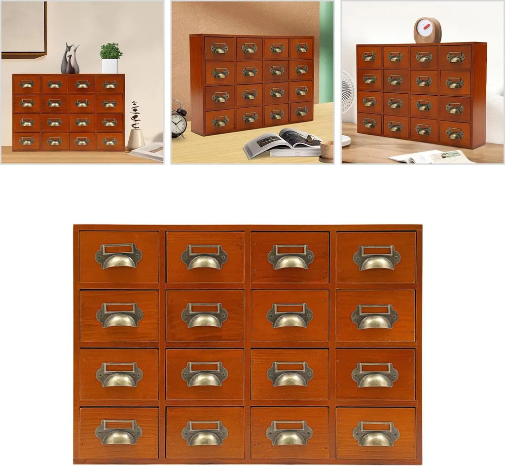 Boîte de rangement épices et médicaments 16 tiroirs en bois brun
