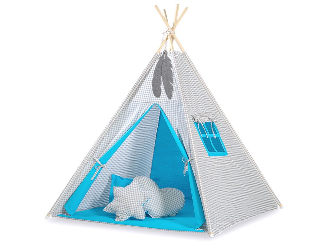 Tipi-Zelt für Kinder Grau-Türkis mit Federn 150 cm hoch und 130 cm breit