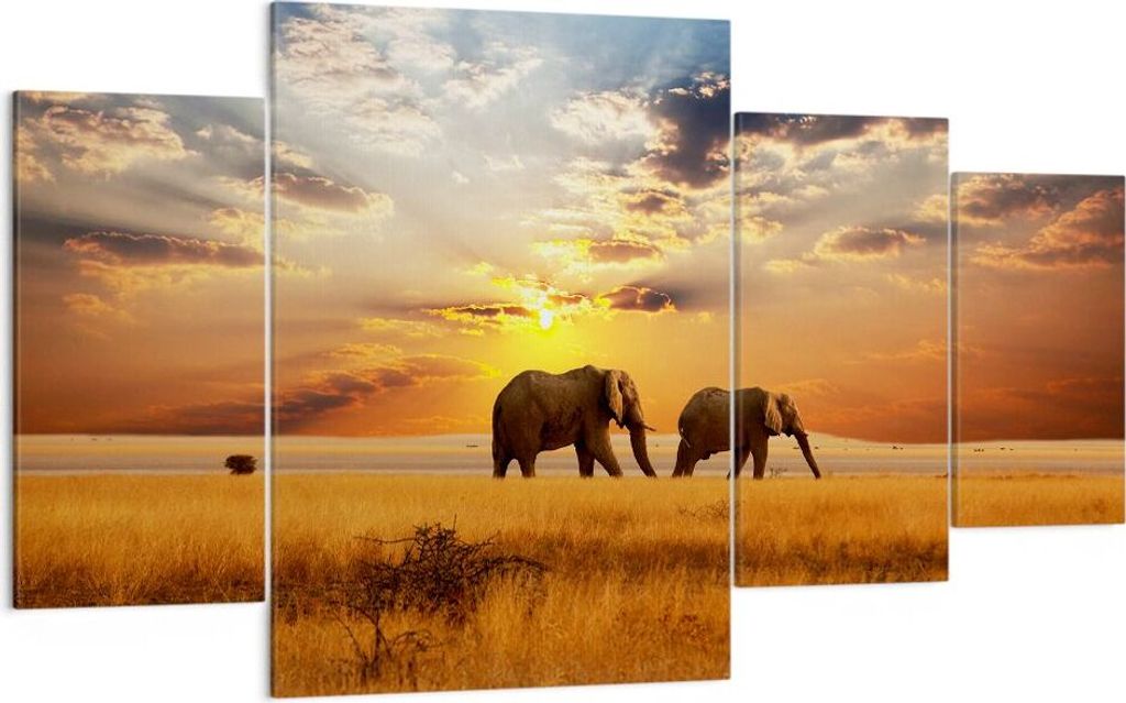 Bild auf Leinwand - Leinwandbild - Elefanten Safari Dschungel Busch - 160x90cm - Wand Bild - Wanddeko - Leinwanddruck - Bilder - Kunstdruck - Leinw...