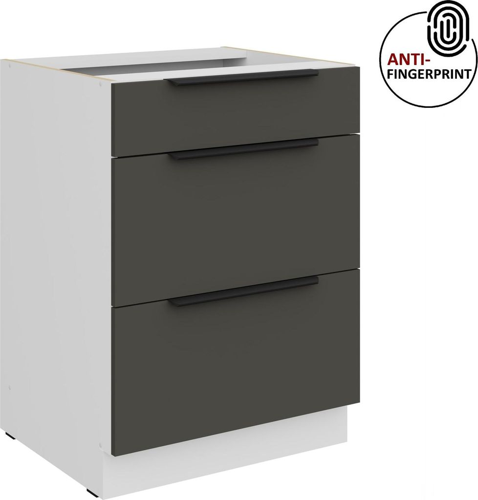 Küchen Unterschrank 60 cm Küche ARIA Graphite ultra matt + Weiss matt, hochwertige Fronten mit Anti Fingerprint Beschichtung, Soft-Close Küchenz...