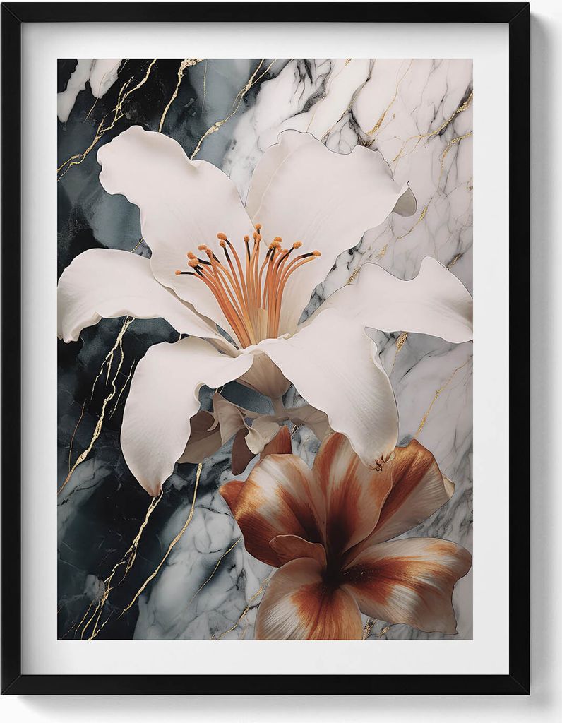 Marmorkomposition mit Blumen– Wandbild mit Rahmen – Gerahmtes Bild – Wanddekoration – 60x80 cm – Schwarz Rahmen