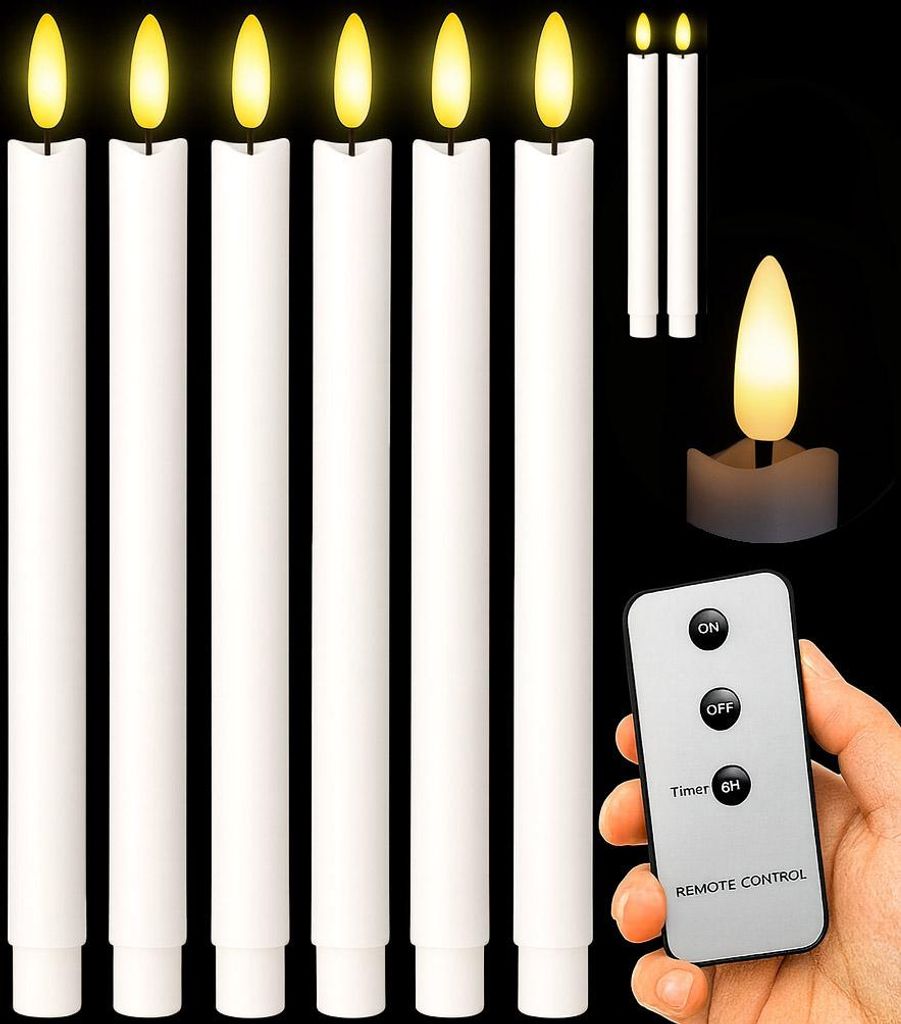 8er Set Echtwachs LED Stabkerzen 25 cm in Weiß, warmweiß Produktbild 