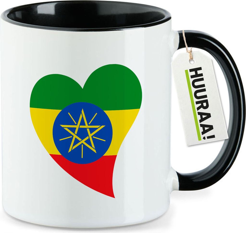Huuraa Kaffeetasse Äthiopien Flagge Herz 330ml Schwarz Keramik Kaffeebecher Geschenkidee