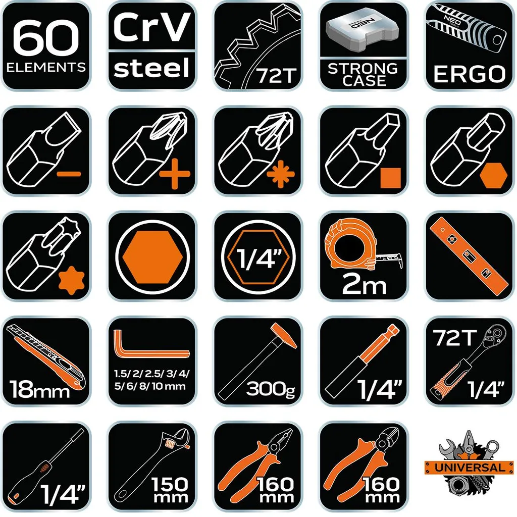 NEO TOOLS Jeu de 60 outils de bricolage complet avec coffret robuste - 2