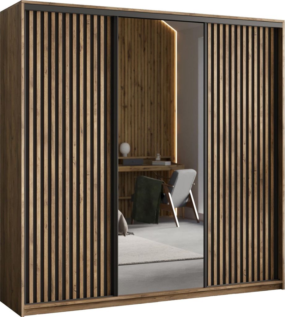 Masseno Schiebetürenschrank ORRA 180/205/60 cm Kleiderschrank mit Spiegel und Lamellen, 4 Schubladen Schlafzimmer Schrank 3-türig Eiche Lefkas + ...