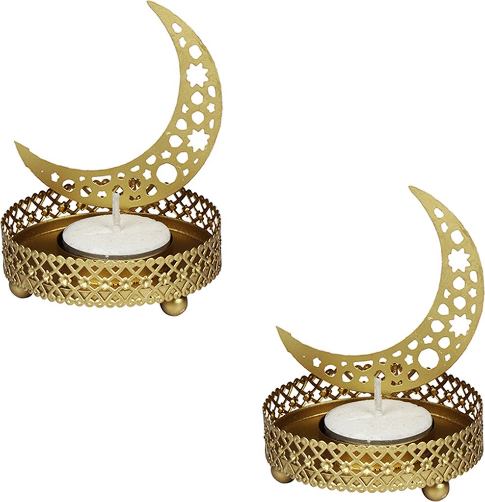 MARRAKESCH 2er Set Teelichthalter Mond 8cm Gold aus Metall als Hochzeitsdeko oder Tischdeko Ramadan Deko