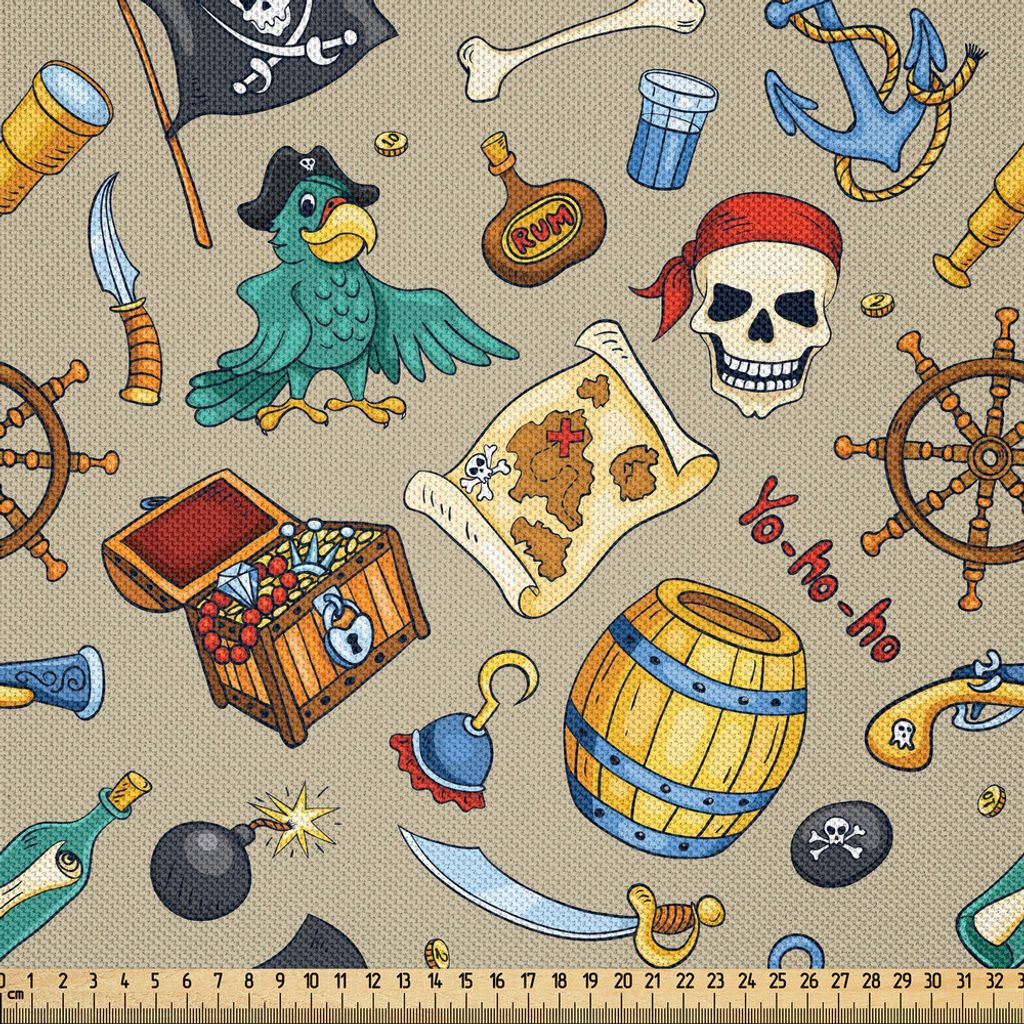 ABAKUHAUS Pirates Satin Stoff als Meterware, Nettes Skizzen-Karikatur-Muster mit abenteuerlichen Seereisen-Piraterie-Thema-Elementen, 10 M (148 x 1...