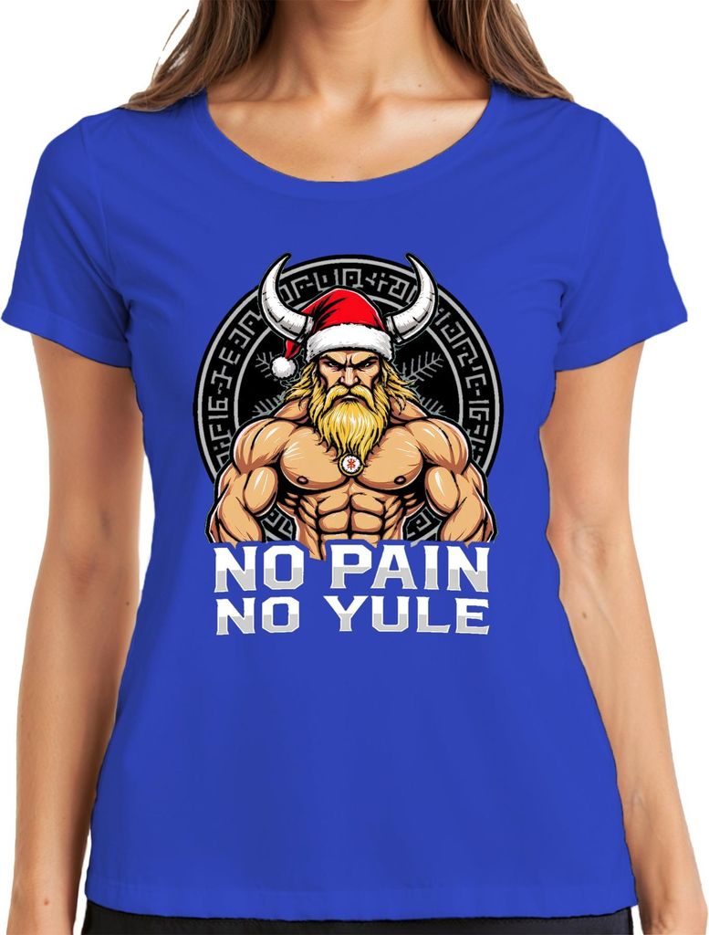 NO PAIN NO YULE Wikinger muskulös Weihnachtsmann Fitness Retro Damen T-Shirt, Blau, S