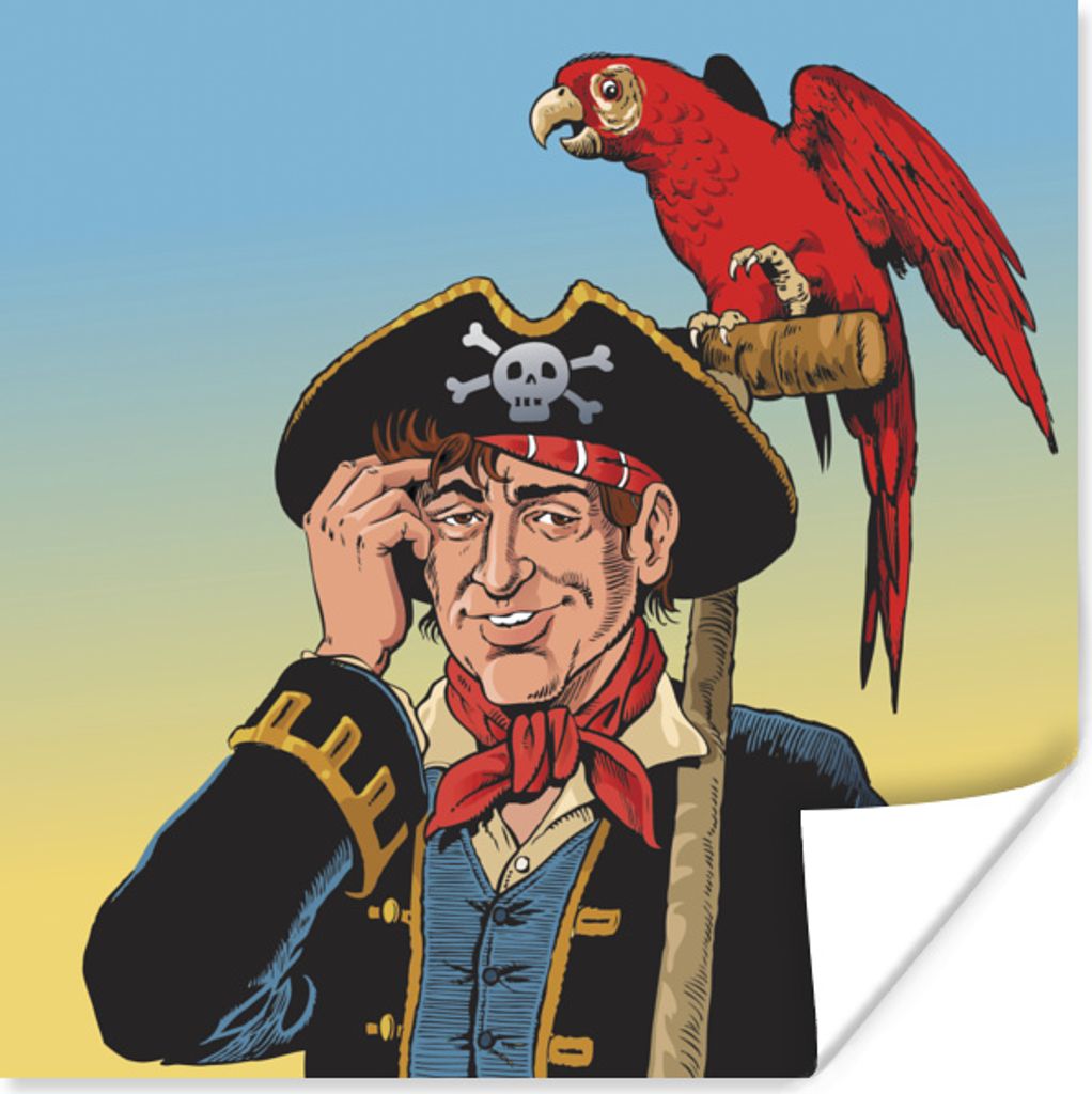 MuchoWow Poster Bunte Kinderillustration von einem Piraten und einem Papagei 50x50 cm - Wohnzimmerdekoration