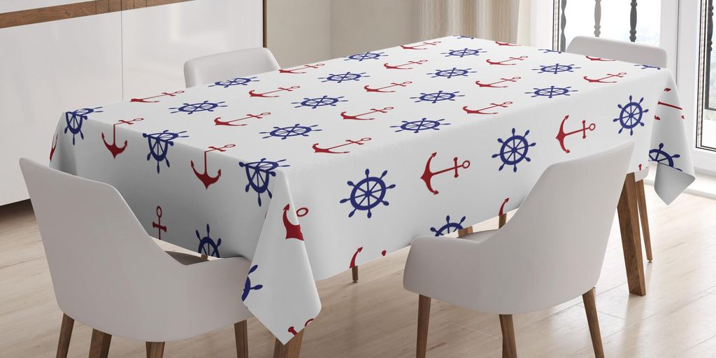 ABAKUHAUS Anker Tischdecke, Maritime Design Anker und Schiff Räder auf dem weißen Hintergrund Kunstdruck, 140 x 200 cm, Marineblau Rubin