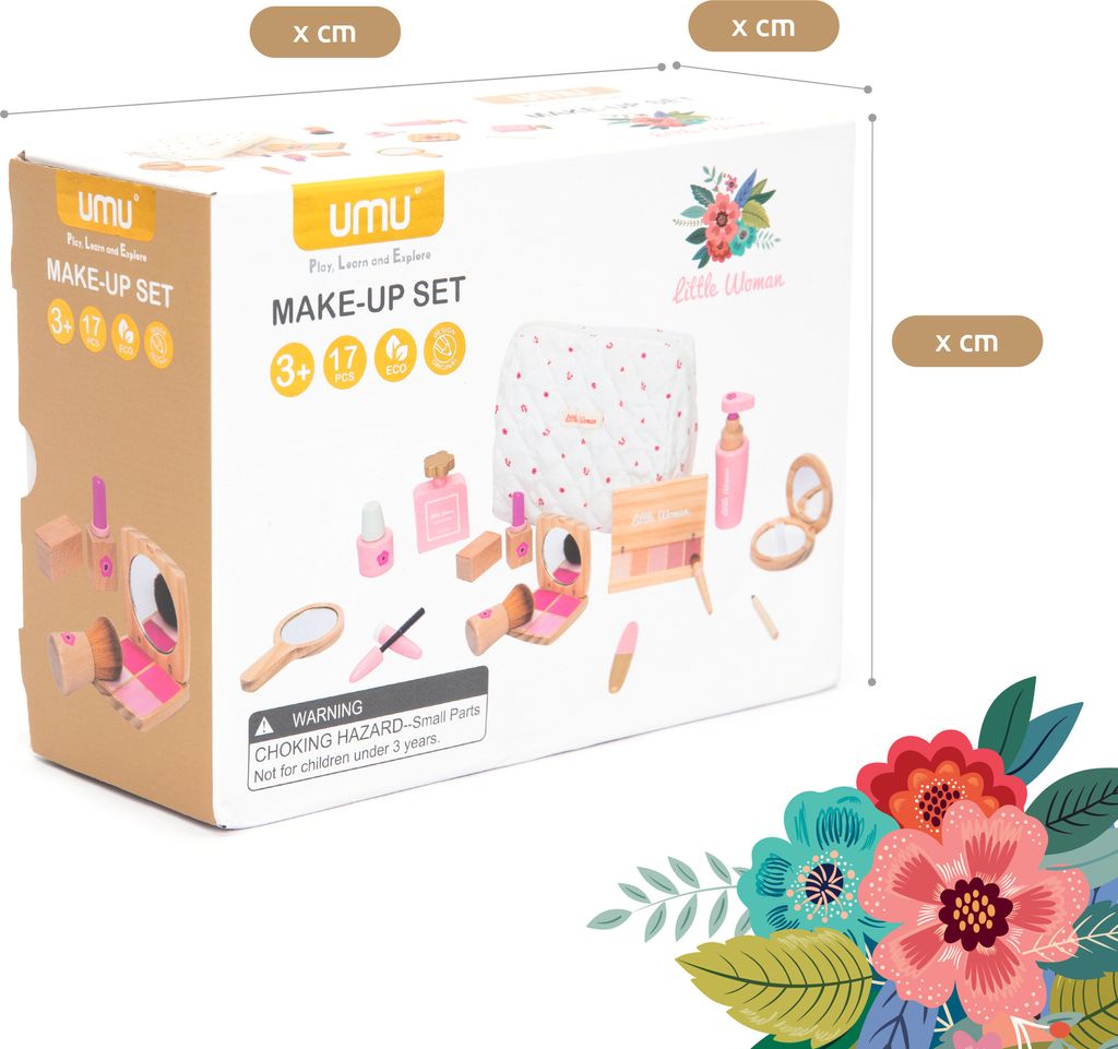 The image shows the packaging of a children's make-up set, with some of the toy items displayed on the front.