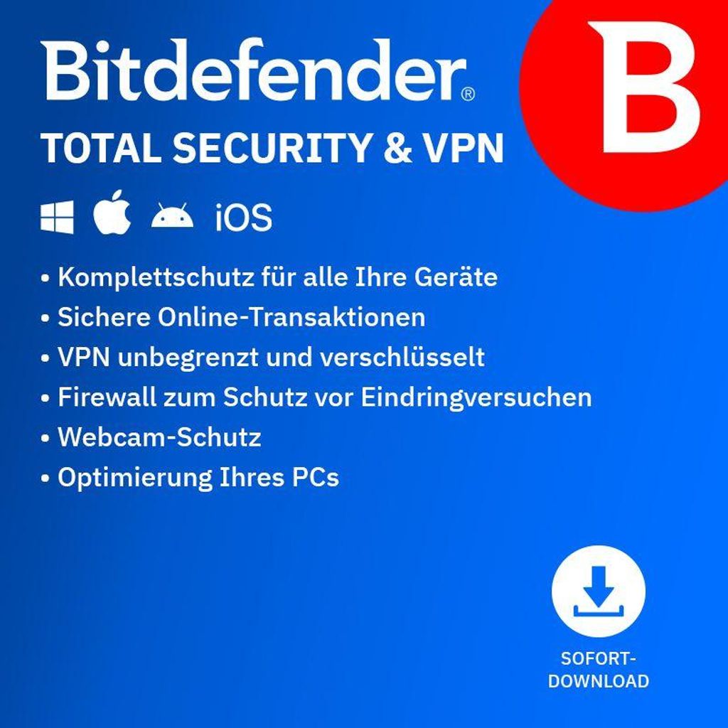 Bitdefender Total Security 2026 + unlimited VPN / 10 Geräte / 2 Jahre / Lizenz per E-Mail