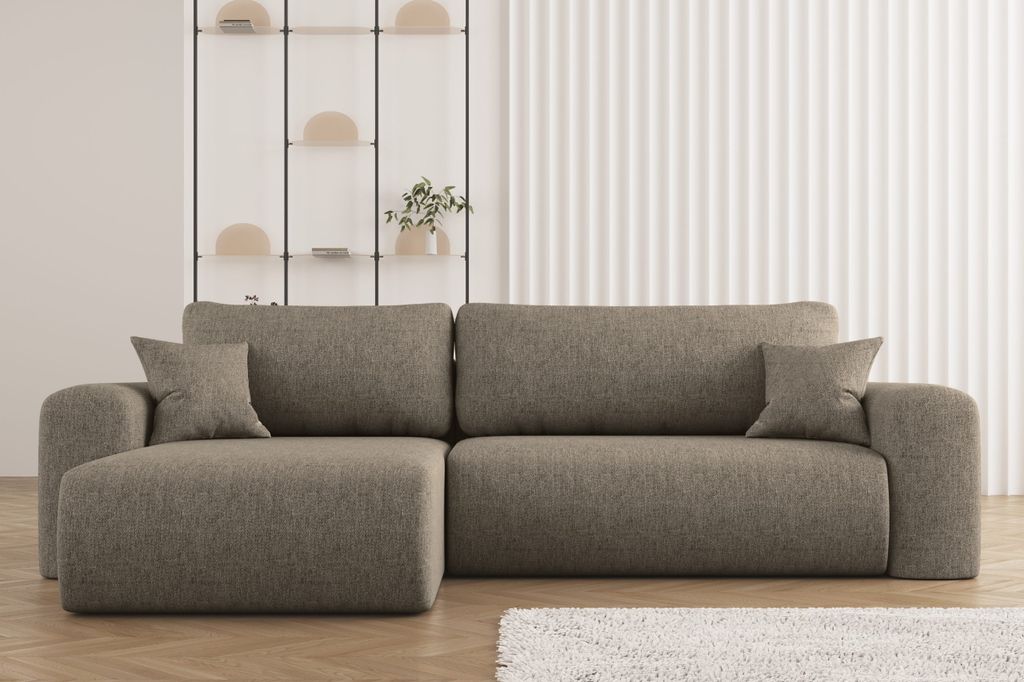 Ecksofa mit Schlaffunktion und Stauraum für Bettzeug, L-förmiges ,Capri Stoff Verita Links Dunkelbeige