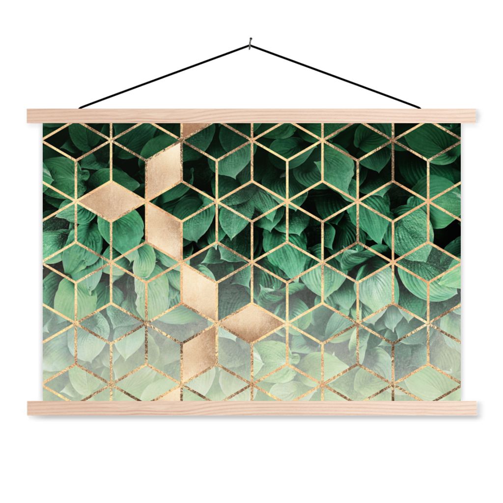 MuchoWow Textilposter Blätter - Gold - Würfel - Luxus 120x80 cm mit holzfarbenen Rahmen - Aufhängeset