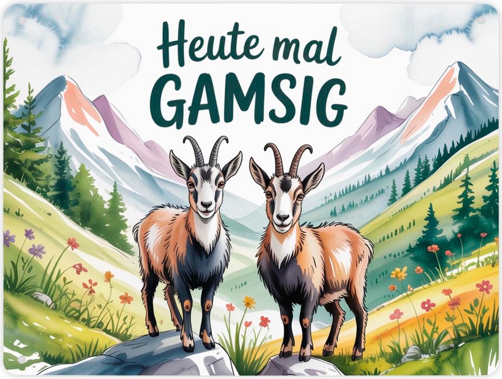 Gämsen - Heute mal GAMSIG Metallschild XL in 21x28 cm Aquarell