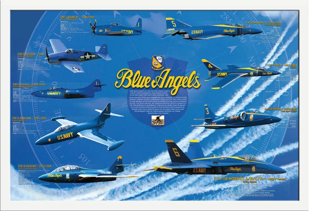Poster Blue Angels US Navy avec cadre MDF blanc Shinsuke 61x91.5 cm