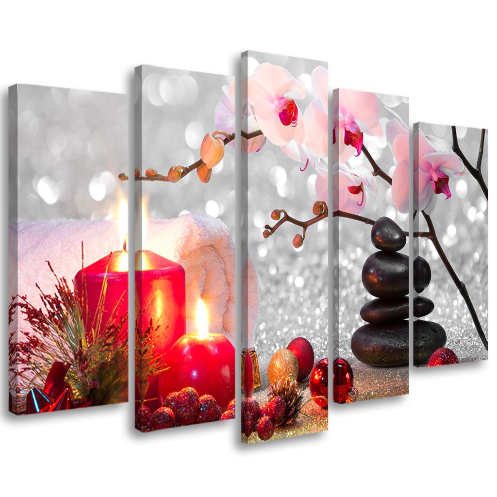 5-teiliges leinwandbild kerzen steine blumen 100x70 cm Feeby rosa wandbild bereit zum aufhängen