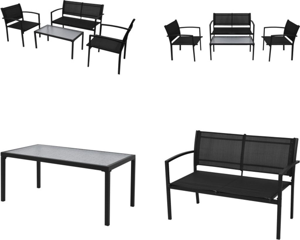 vidaXL 4 tlg. Garten Lounge Set Textilene Schwarz - Gartenmöbel Set - Gartenmöbel Sets - Gartentisch - Gartentische