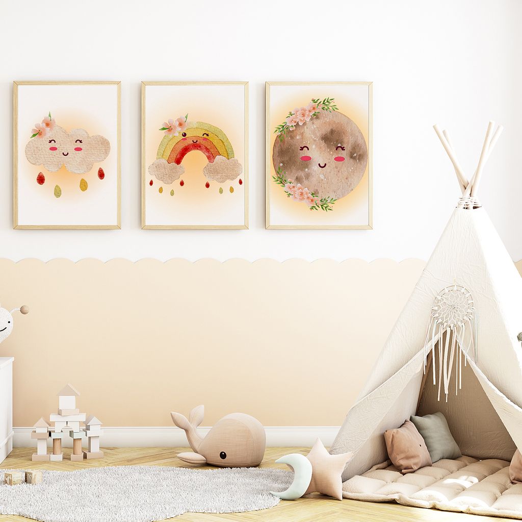 Mond Regenbogen Wolke Boho Bilder 3er Set DIN A4 Kinderzimmer Wandbilder Babyzimmer Poster Dekoration