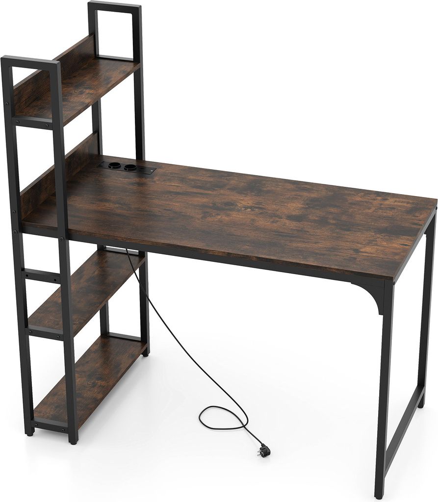 A computer desk with shelves and integrated charging ports, shown from a slightly elevated angle against a white background.
