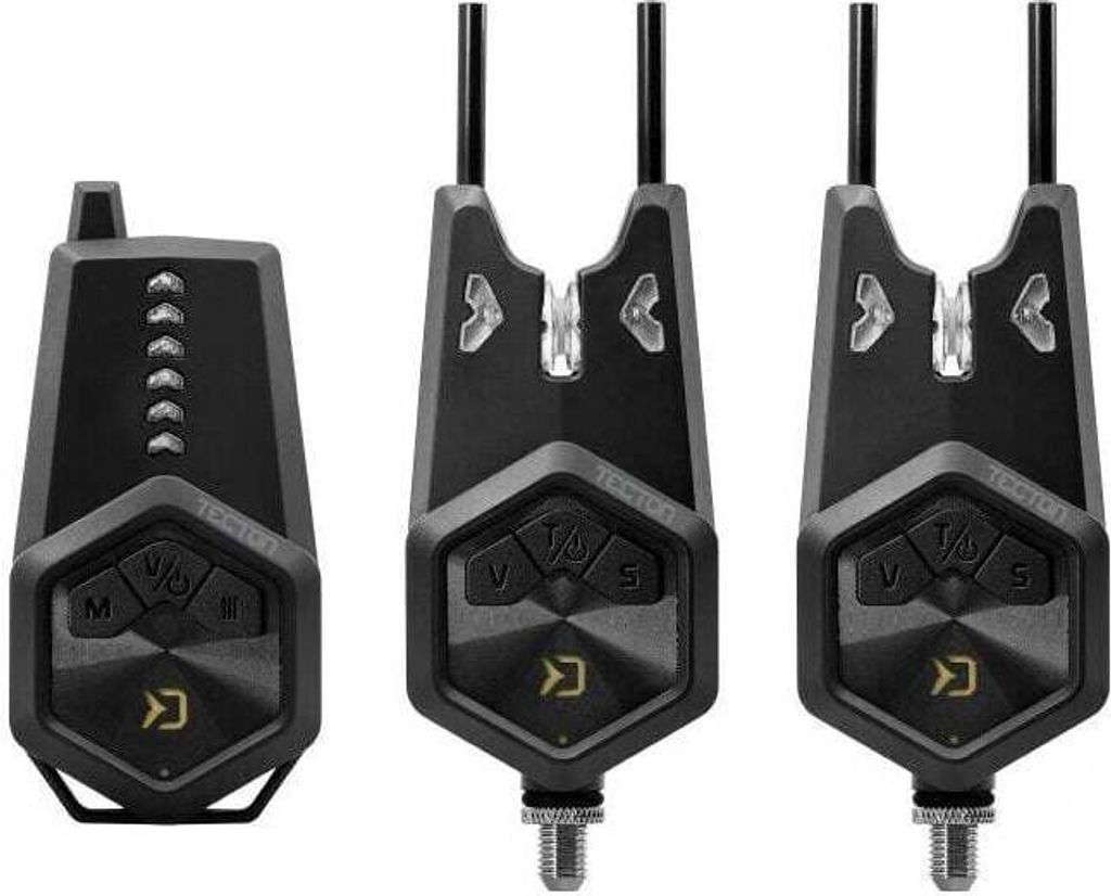 Three black fishing bite alarms are displayed against a white background.