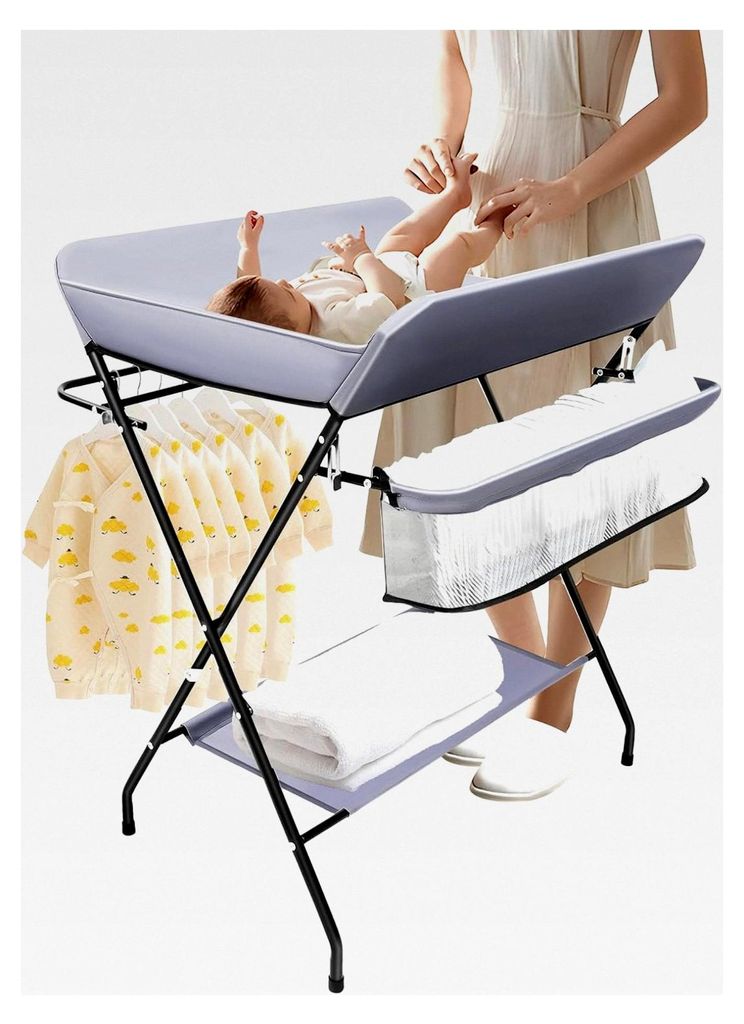 Klappbarer Wickeltisch für Babys, Tragbare Wickelkommode mit Sicherheitsgurt und Ablagefächern (dunkelgrau)