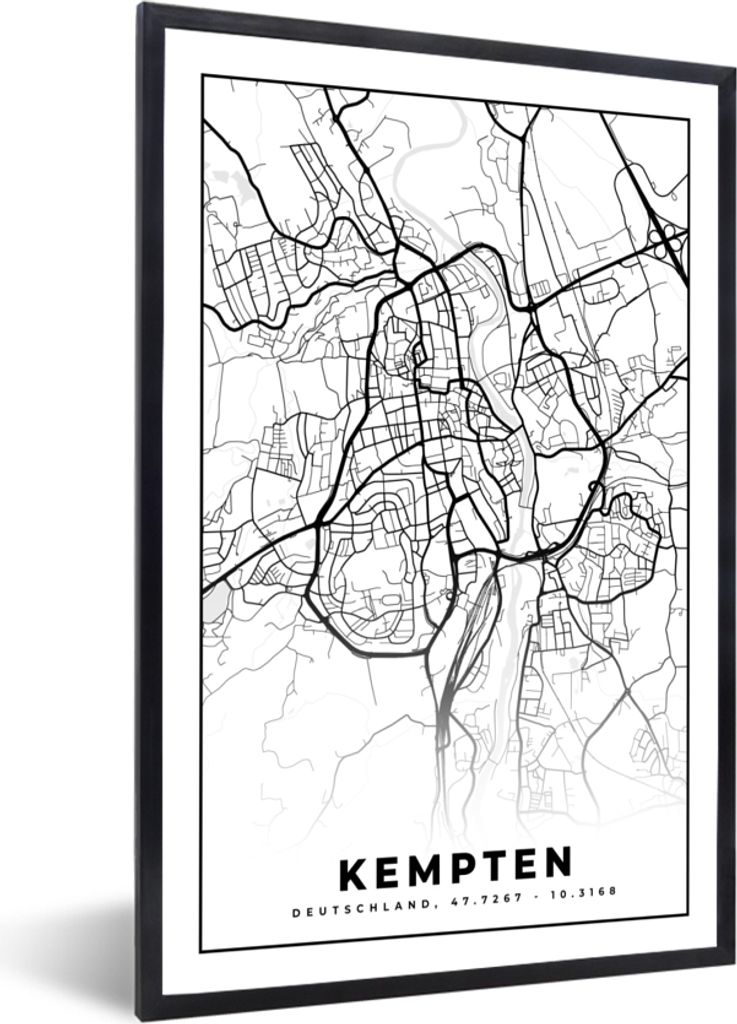 MuchoWow Gerahmtes Poster Stadtplan - Kempten - Karte 60x90 cm - Poster mit Schwarzem Bilderrahmen Wandposter Rahmen Foto Bilder - Kunst