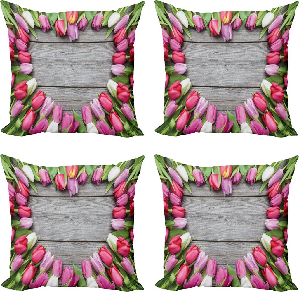 ABAKUHAUS Liebe Kissenbezug Set (4 Stück), Rahmen von frischen Tulpen, Moderner Doppelseitiger Digitaldruck, 40 cm x 40 cm, Rosa-Grün-Umber