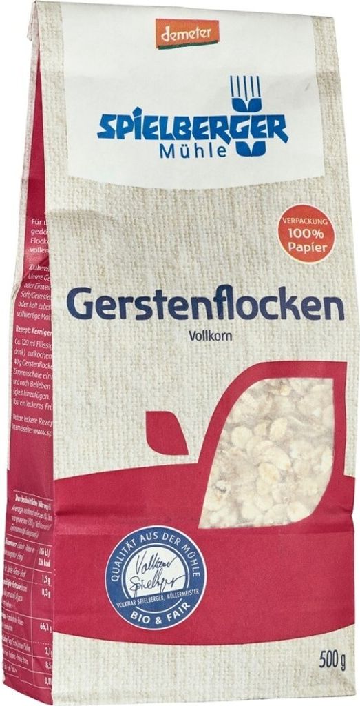 A bag of Spielberger Gerstenflocken (barley flakes) with a clear view of the product inside.