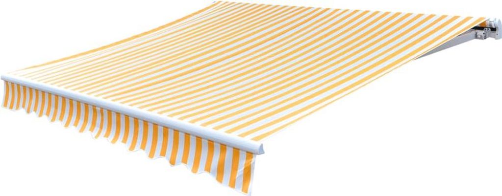 A striped awning extended from a white mounting bracket against a white background.